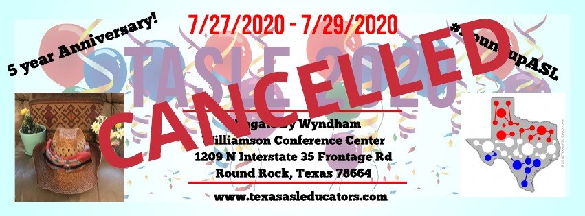 TASLE conference is cancelled.  Thank you for your patience as this was a difficult decision to make.   Be sure to check our Texas ASL Educators FB page as we will have another announcement soon. #TASLE2020 facebook.com/groups/texasas…