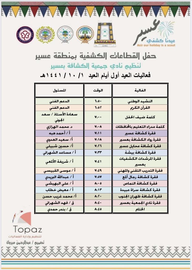 AsirScout's tweet photo. نظم #المجلس_التطويري_لكشافة_عسير أول أيام #عيد_الفطر حفل معايدة القطاعات الكشفية بمنطقة #عسير من تنظيم وتنفيذ نادي جمعية الكشافة بالمنطقة إشراف ومتابعة الدكتور محمد الهزازي https://t.co/RS7tcIZkg9