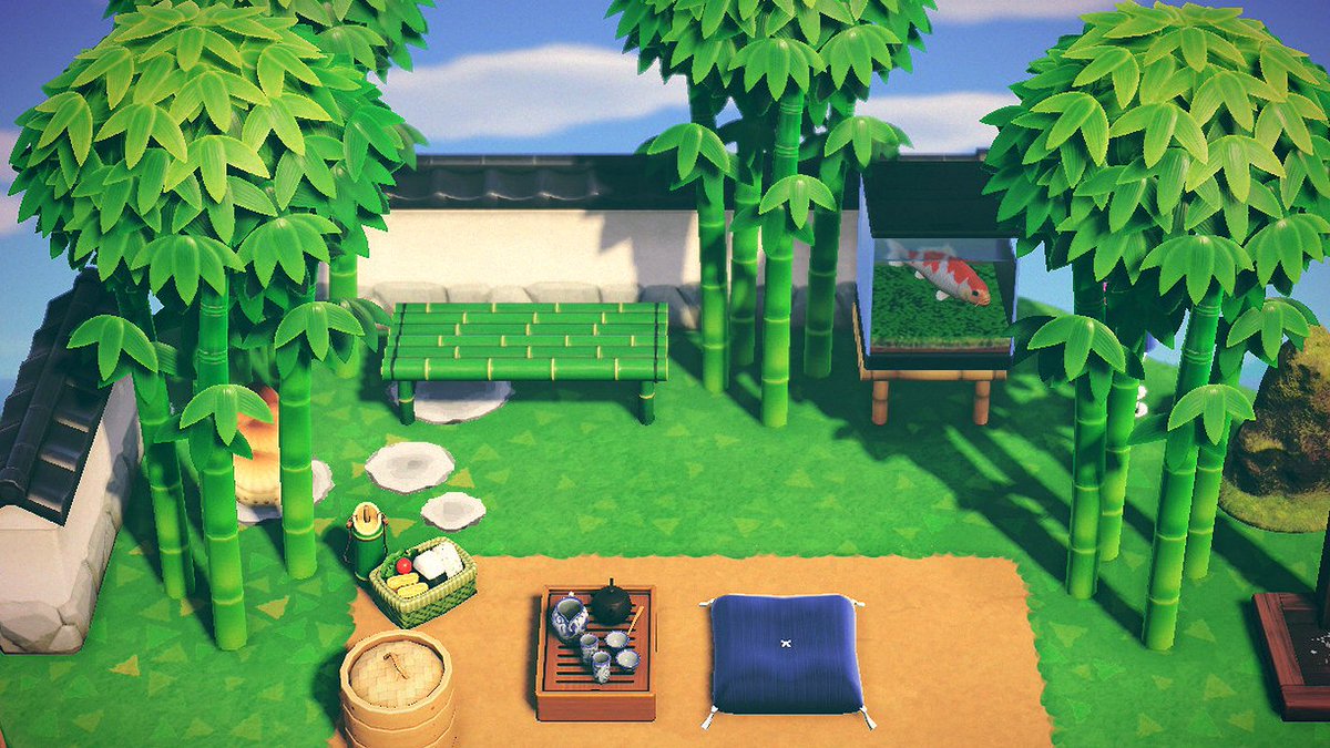 Some areas I've been working on: Genji's personal cliff space, a small turnip field, and a plaza/cafe-type situation surrounding my shops.  #ACNH