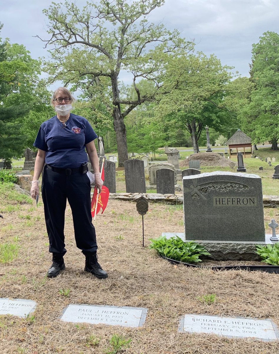 Nice job by Sherborn Firefighters placing flags at the resting places of our deceased members on Saturday. Here, FF/EMT Ellen Heffron places a flag at her father-Paul Heffron’s resting place. Paul served with SFD for 25+ years.