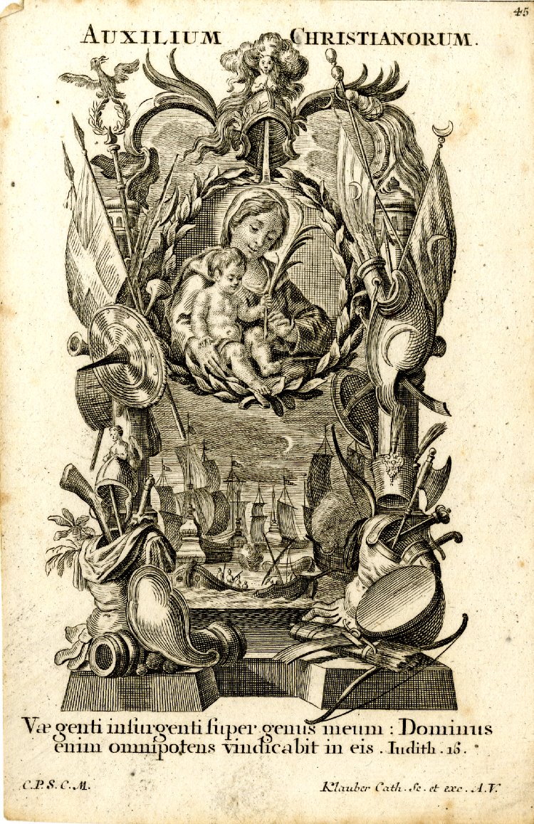 Auxilium Christianorum, ora pro nobis.Help of Christians, pray for us.The lemma reads:Vae genti insurgenti super genus meum: Dominus enim omnipotens vindicabit in eis"Woe to the nations that rise against my people! The Lord Almighty will take revenge on them" (Judith 16:20)