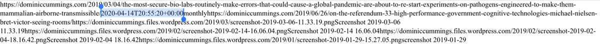 MORE: info on Way Bank machine internet archive corroborated by info on actual blog sitemap -hat tip  @martbrow  @exactlyaron and  @jonwilliams80edit that added “coronavirus” quote made “2020-04-14 T20:55:20”So same day he returned to work, after Durham https://dominiccummings.com/sitemap.xml 