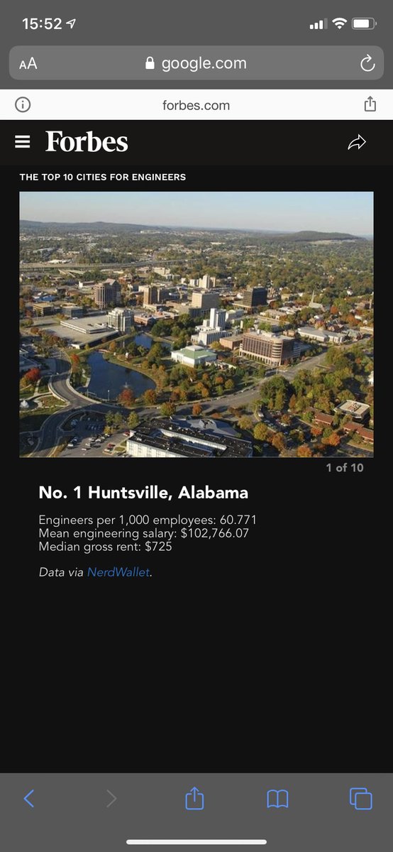 Huntsville (my hometown) contains the highest number of engineers per capita in the US, home of Marshall Space Flight Center (NASA) and some of the biggest national defense contractors.. Not to mention the US space program was born here ¯\\_(ツ)_/¯ https://www.google.com/amp/s/www.forbes.com/pictures/fjle45leeg/no-1-huntsville-alabama-2/amp/