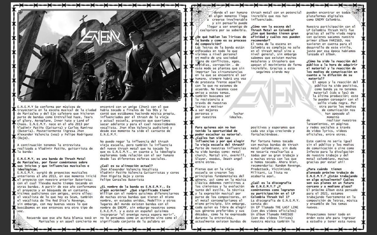 ENEMYTHRASH's tweet photo. Compartimos la entrevista realizada a E.N.E.M.Y. por el zine Infecto, a William un gran agradecimiento por el apoyo que brinda al metal nacional y por la participación en esta edición! un trabajo desinteresado para resaltar el trabajo de las bandas y un espacio de expresión. https://t.co/3bMHnmAjN0