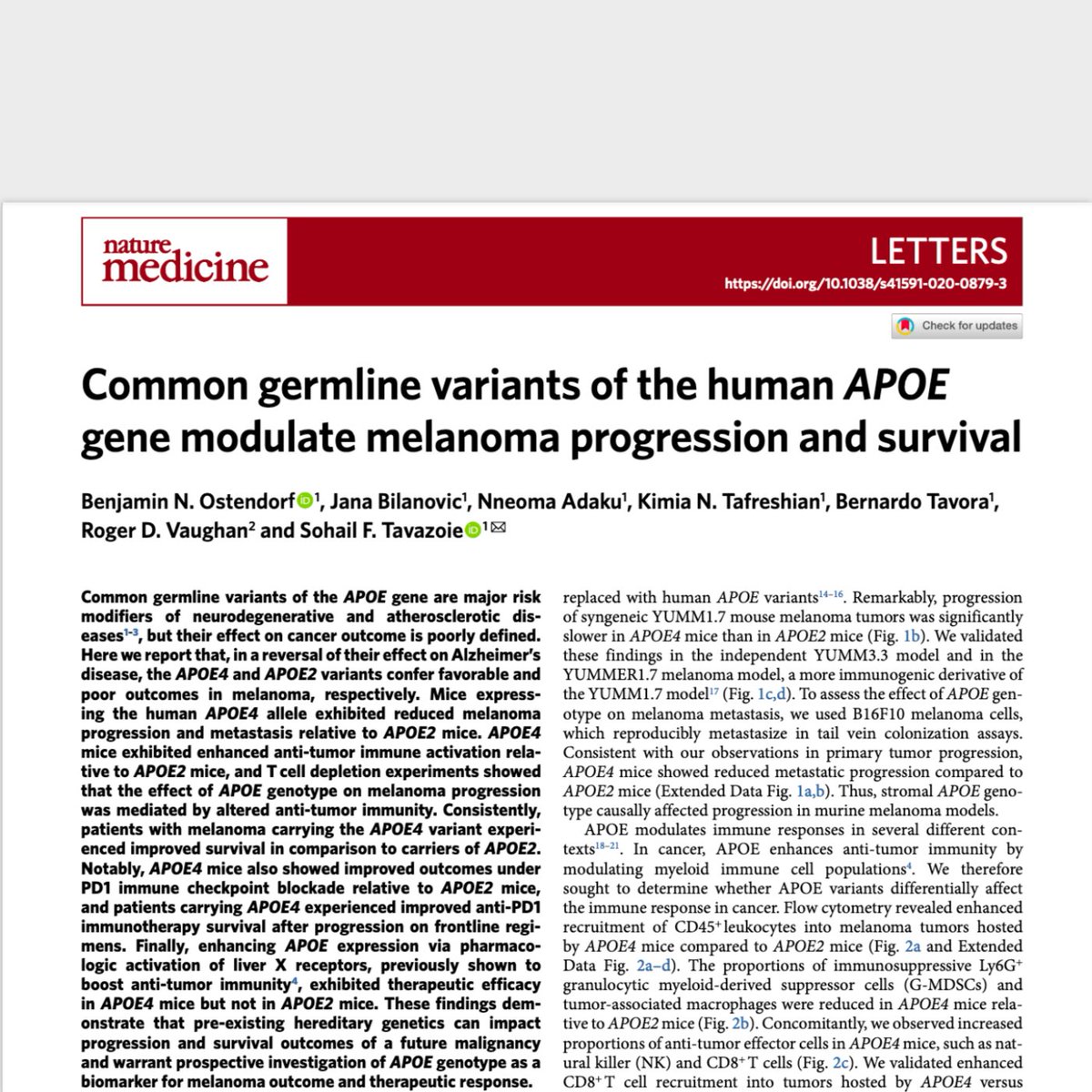 SohailTavazoie's tweet image. Here&apos;s full PDF link: rdcu.be/b4owL @NatureMedicine 
Ben&apos;s paper from #TavazoieLab @RockefellerUniv reveals a hereditary genetic basis to cancer metastasis and cancer survival.  “Alzheimer’s gene&quot; APOE4 suppresses  melanoma progression &amp;amp; enhances anti-tumor immunity