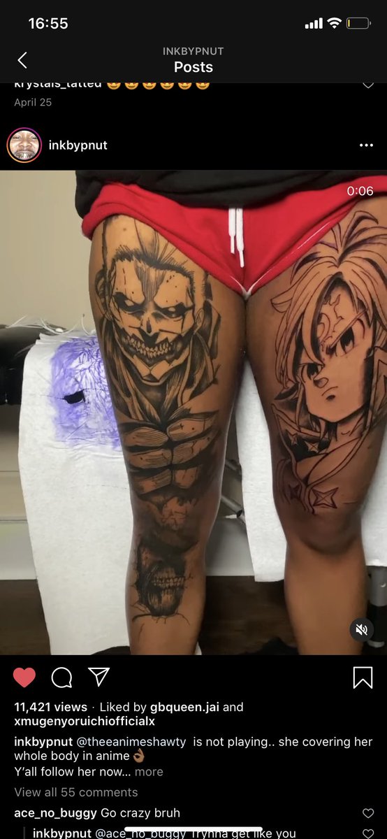 Ima start w people I already follow  @inkbypnut does a lot of anime/pop culture tattoos, is black and has public work up of people with brown skin. 