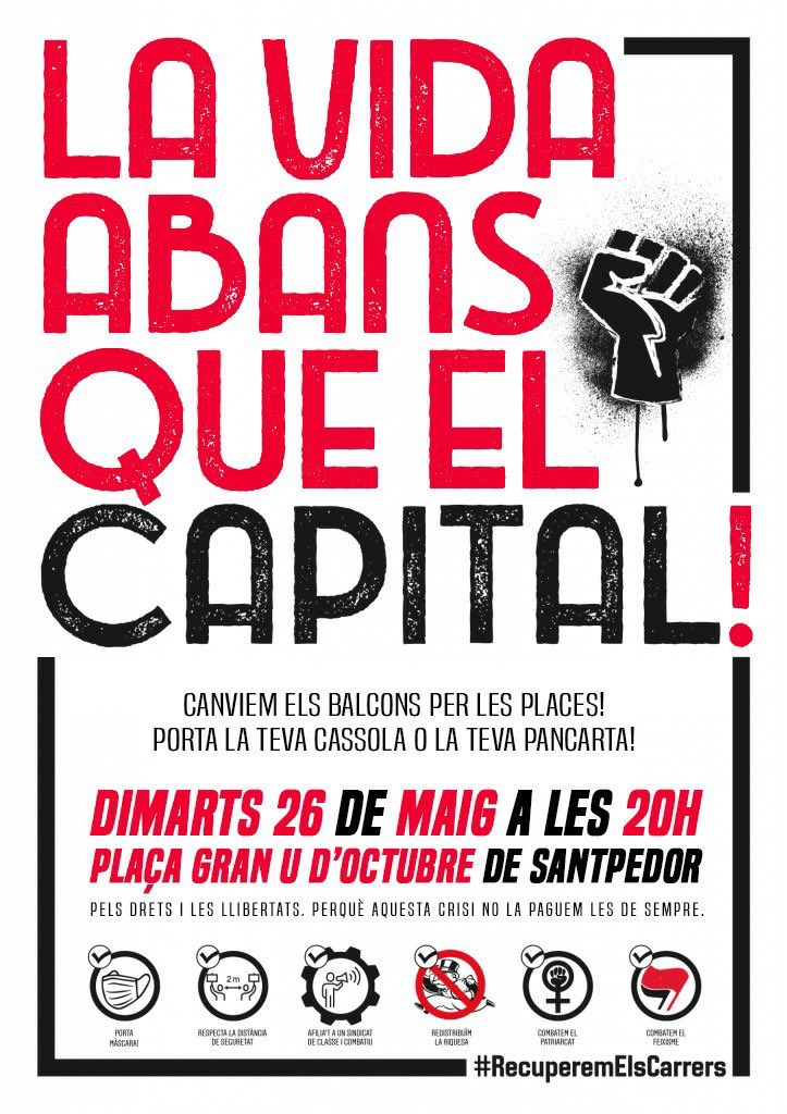 CDRSantpedor's tweet photo. ✊🏾Ja és hora de baixar dels balcons i de trobar-nos a les places! 

 📅 DImarts 26
⏱  20h a la Plaça Gran U d’octubre

 🥄Porta les teves reivindicacions en un cartell o cassola!! Recorda dur la mascareta i de mantenir la distància de seguretat!
 #RecuperemElsCarrers https://t.co/0ukZbJ79Jb