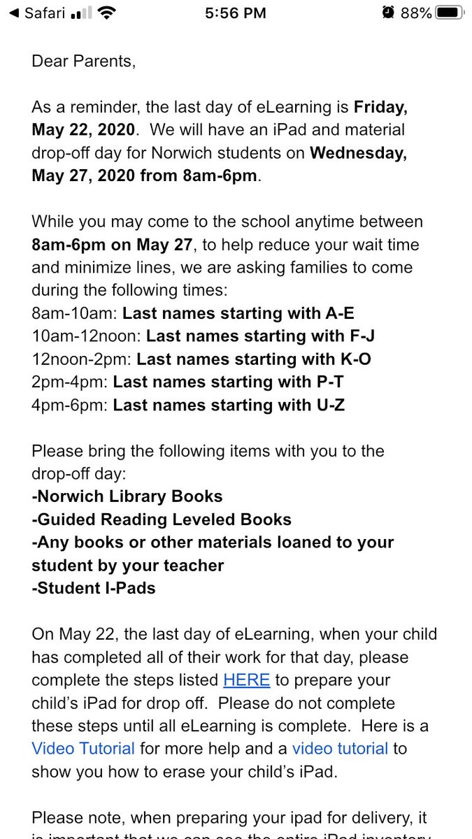 Hellllo Norwich Families! Don’t forget that iPad and library book drop off is on Wednesday this week. Please see the Eblast, Facebook, or our Weebly site for more info. Thanks!