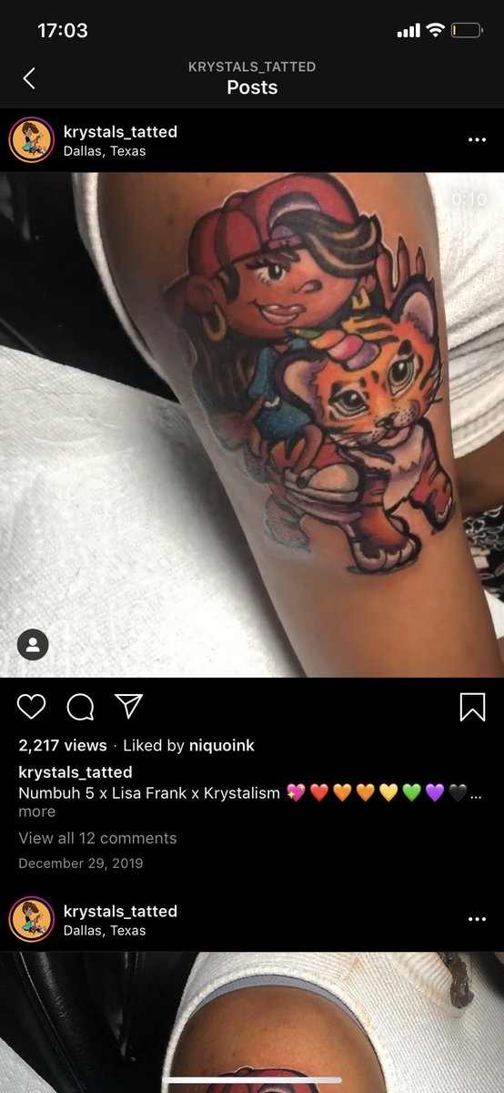  @Krystals_tatted is another amazing artist that showcases her cartoon/anime/pop culture tattoos on brown skin. We love to see it.