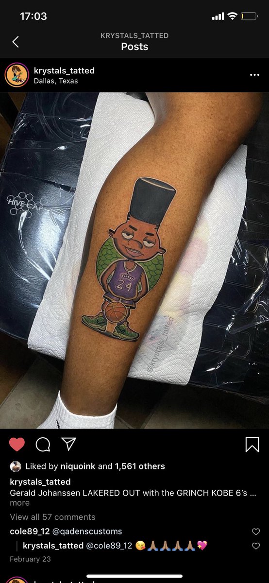  @Krystals_tatted is another amazing artist that showcases her cartoon/anime/pop culture tattoos on brown skin. We love to see it.