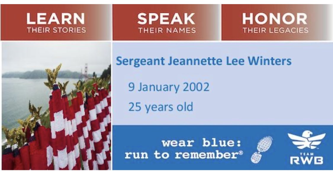 Court_Appeal's tweet image. Today I run in memory of US Marine Corps Sergeant Jeannette Lee Winters,who was killed in Southwestern Pakistan on January 9, 2002, while serving with Wing Communications Squadron 38,3rd Marine Aircraft Wing #MemorialDay #teamrwb #learntheirstories #speaktheirnames #forthefallen