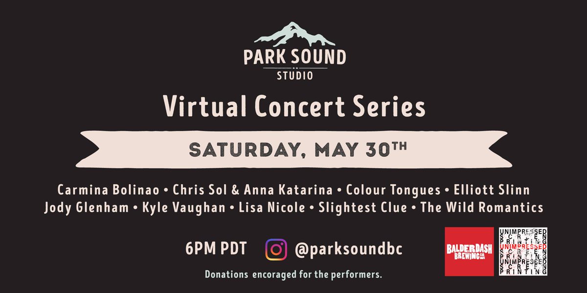 Hey all! We'll be joining Park Sound Studio on Saturday, May 30th as part of their ongoing Virtual Concert Series.

On Saturday, at 6 PM, head on over to @parksoundbc on Instagram to join their live stream and enjoy short performances from 9 artists from their own homes.