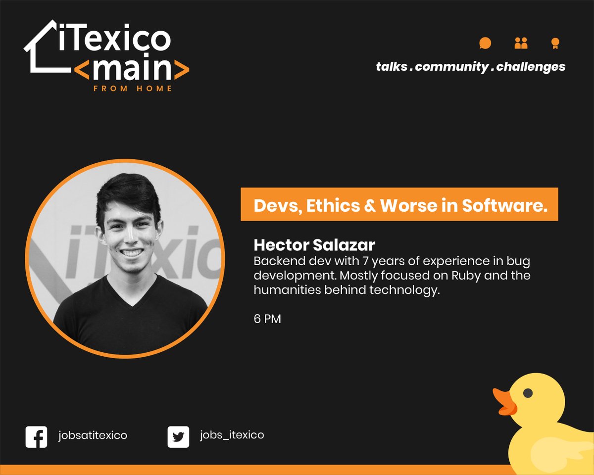 ImprovingMxJobs's tweet photo. We are ready for our next iTexico Main next Thursday!📣😌
Join our talks from the comfort of your home and be a part of our first online event (starting at 4 PM CST). 

Stay tuned for our registration and YouTube's live link. 

#TechTalk #Meetup #iTexicoMain https://t.co/7qZ4YHN77M