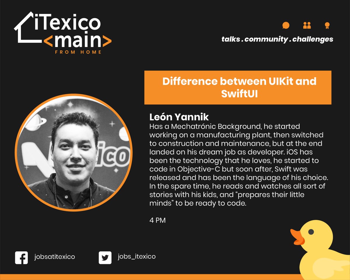 ImprovingMxJobs's tweet photo. We are ready for our next iTexico Main next Thursday!📣😌
Join our talks from the comfort of your home and be a part of our first online event (starting at 4 PM CST). 

Stay tuned for our registration and YouTube's live link. 

#TechTalk #Meetup #iTexicoMain https://t.co/7qZ4YHN77M