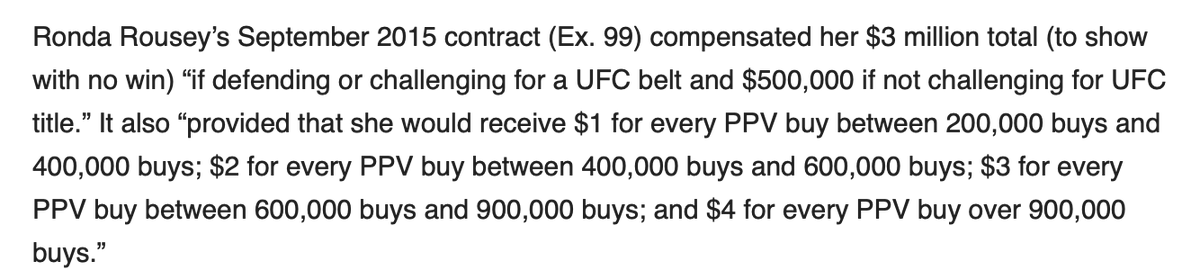 Since we know Rousey made at least $4.5 million at UFC 193 I think it's safe to assume to she was the top earner with $8.54m total in 2015. (Also doesn't hurt that there were rumors that she was the top earner that year.) 8/