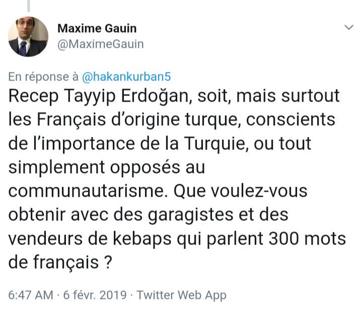  @maximegauin a du grâce à une utilisatrice s’expliquer sur son racisme contre les franco-turcs... réponse tordue, maladroite et gêné de l’intéressé.  @1_francoturc