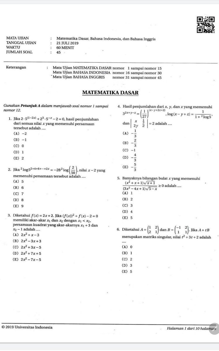 Belajar Bersama Pak Luhut Twitterren Soal Matematika Dasar Simak Ui 2019