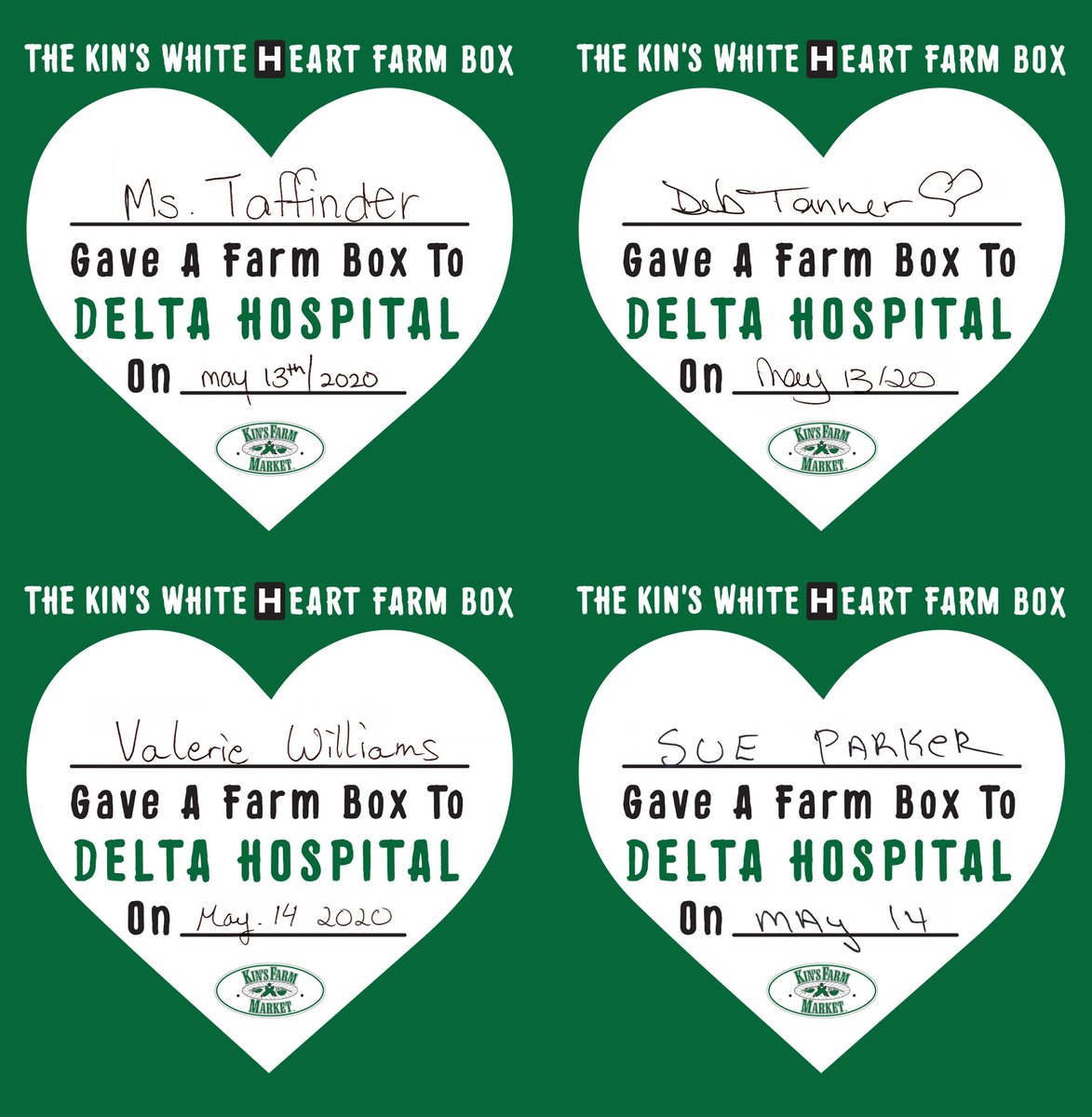 KinsFarmMarket's tweet photo. Big big THANK YOU to Ms.Taffinder, Deb, Valerie, and Sue who so generously donated a #WhiteHeartFarmBox for the #HealthCareWorkers at #DeltaHospital. Your thoughtfulness is greatly appreciated! π€ #KinsFarmBox #SouthDelta #CommunitySupport #KinsFarmMarket @DHCHFoundation https://t.co/1OVyP3zeqD