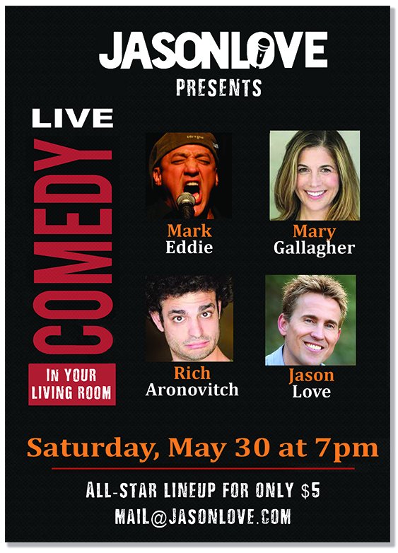 jasonlovecomedy's tweet photo. Happy stuff and things. Salute to our vets.

Live entertainment will be like Phase 16, so we comedians ask that you...

Join us this Saturday, May 30 for an all-new Live Comedy in Your Living Room.

Register at https://t.co/ACXl7hDzUq

@comicmarkeddie @myfriendmary @richisfunny https://t.co/GXXlLZ3kiG