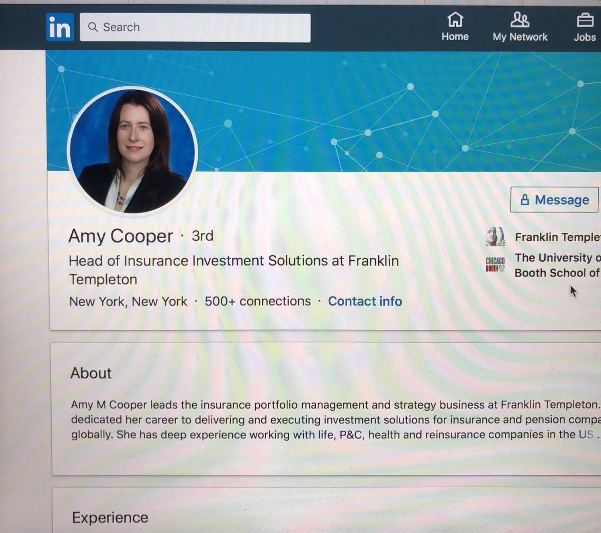 A twitter user found that Amy Cooper, the women who called the cops and lied that an African American man was threatening her and her dog’s life, works as the “Head of Insurance Investment Solutions” at Franklin Templeton. Twitter:  @FTI_US  @FTI_Global