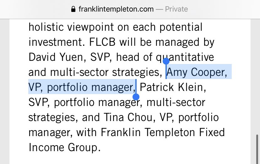 In a press article from 2019, Franklin Templeton ( @FTI_US,  @FTI_Global) lists Amy Cooper as VP, portfolio manager.  https://www.franklintempleton.com/financial-professionals/our-firm/press-article?DocID=k0jbglix