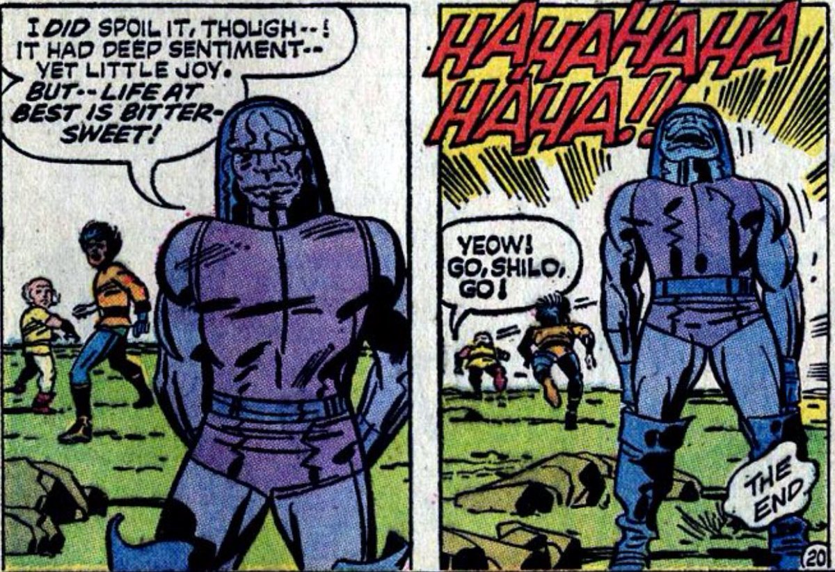 When the axe comes for this comic, Kirby brings back all the 4th world for a special “wedding issue.” However, the actual wedding only occupies two panels, and Darkseid ends things all but breaking the fourth wall to say “not satisfying? Almost as if they didn’t have time, huh?”