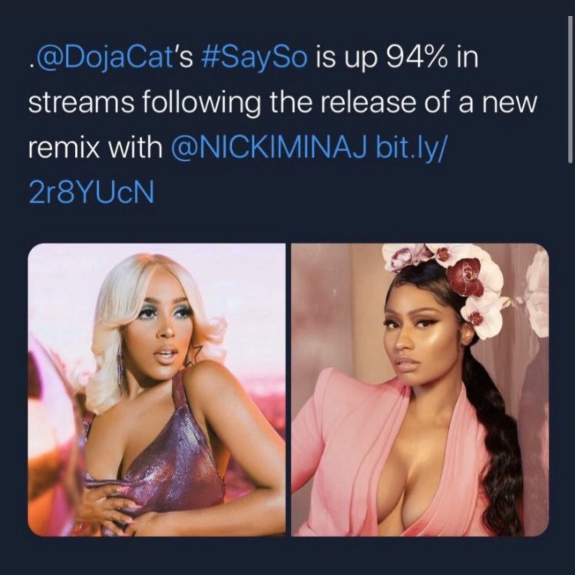 “Nicki jumped on a top 5 to get a number one” Say So was predicted to fall out of the top ten. Doja’s label ASKED Nicki to get on it. Nicki brought in 80k sales and a 94% increase in streams, all of which carried say so to number one.