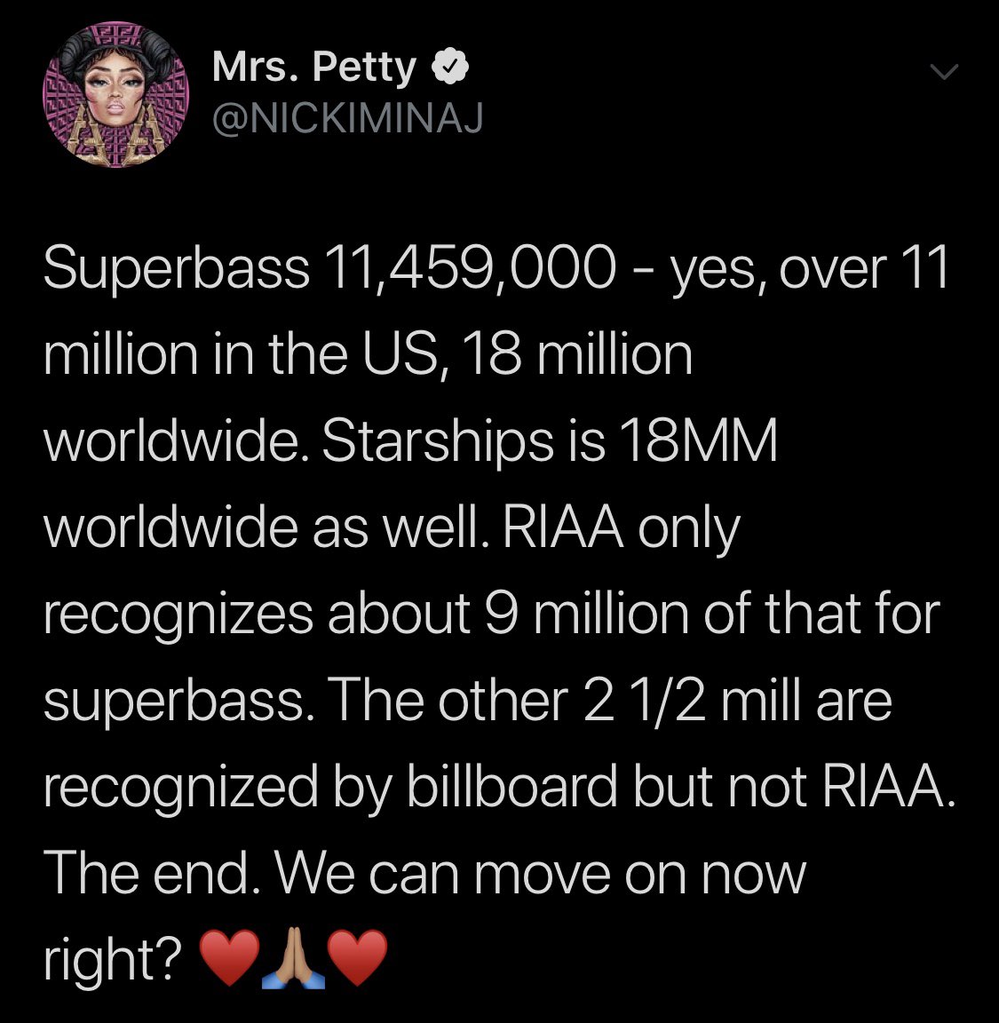 “Nicki doesn’t have a diamond record” Nicki Minaj is the first female rapper to sell 10m units with two songs. RIAA rules does not change that.