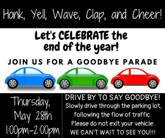iteachinroom204's tweet photo. Southwest Students &amp; Families: You are invited to honk, yell, wave, clap, &amp; cheer to help us celebrate the end of the year! Join us for a "parade" on Thursday from 1:00-2:00pm in the SWE parking lot. We have missed you SO MUCH &amp; can't wait to see you! @SWEJackets @LCSJackets https://t.co/RgpObn7OBL