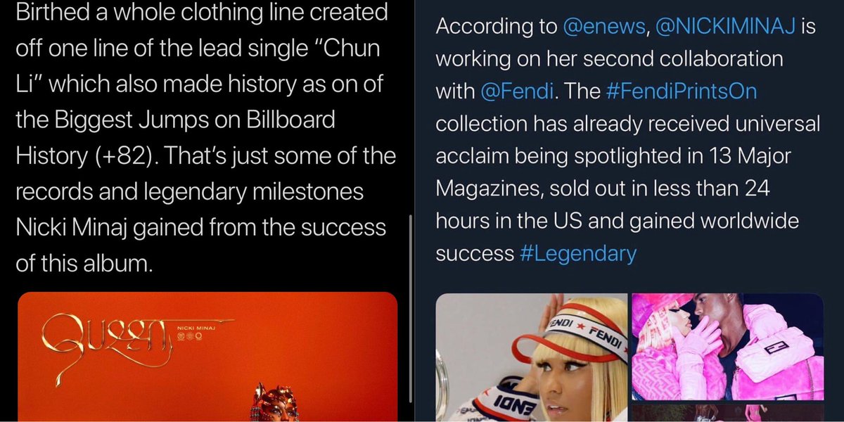 “Nicki doesn’t have any solo hits anymore”. Her last lead single went top 10, broke the record for highest jump for a rap record, and is the only female rap song to chart with one writer and one producer. Nicki also got a fendi line from saying “fendi prints on” in the song.