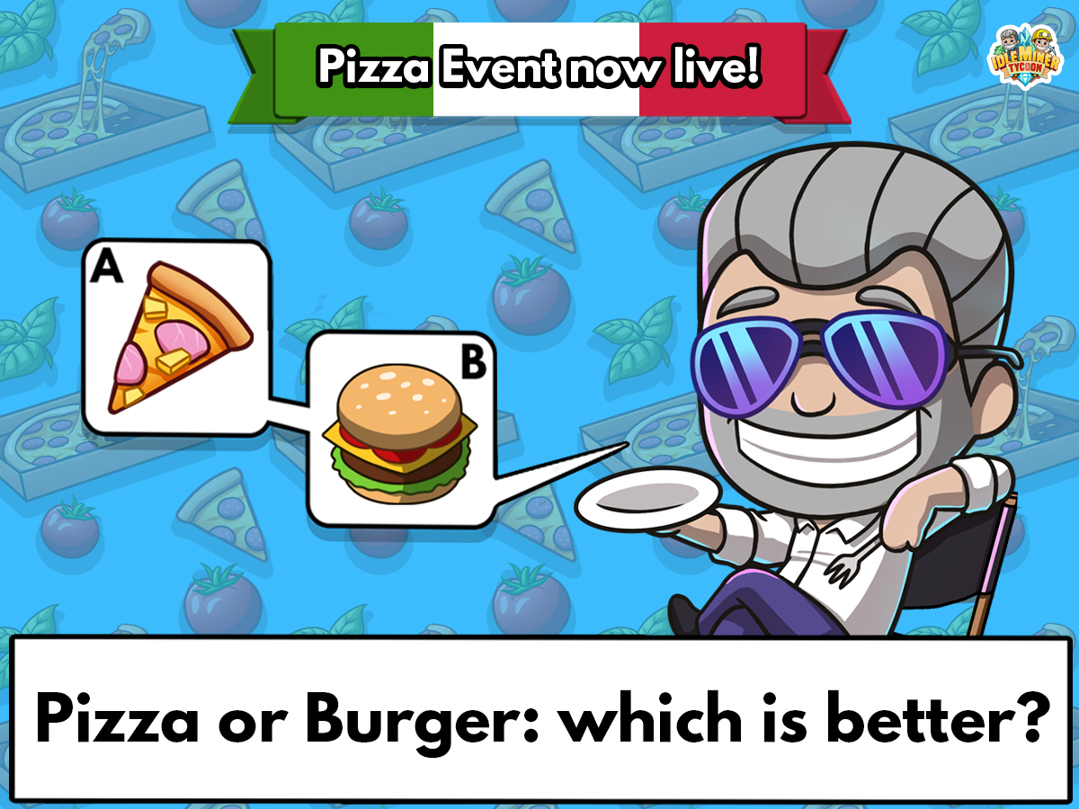 IdleMiner's tweet photo. 🍕 The cheese wheels are turning and the Pizza Event has rolled into Idle Earth! 🍕 That's all nice and tasty but what's YOUR favorite, pineapple pizza or beef burger? 🤤
#idleminertycoon #fooooood #yummi #event #pizzatime https://t.co/p6UUvPxF86