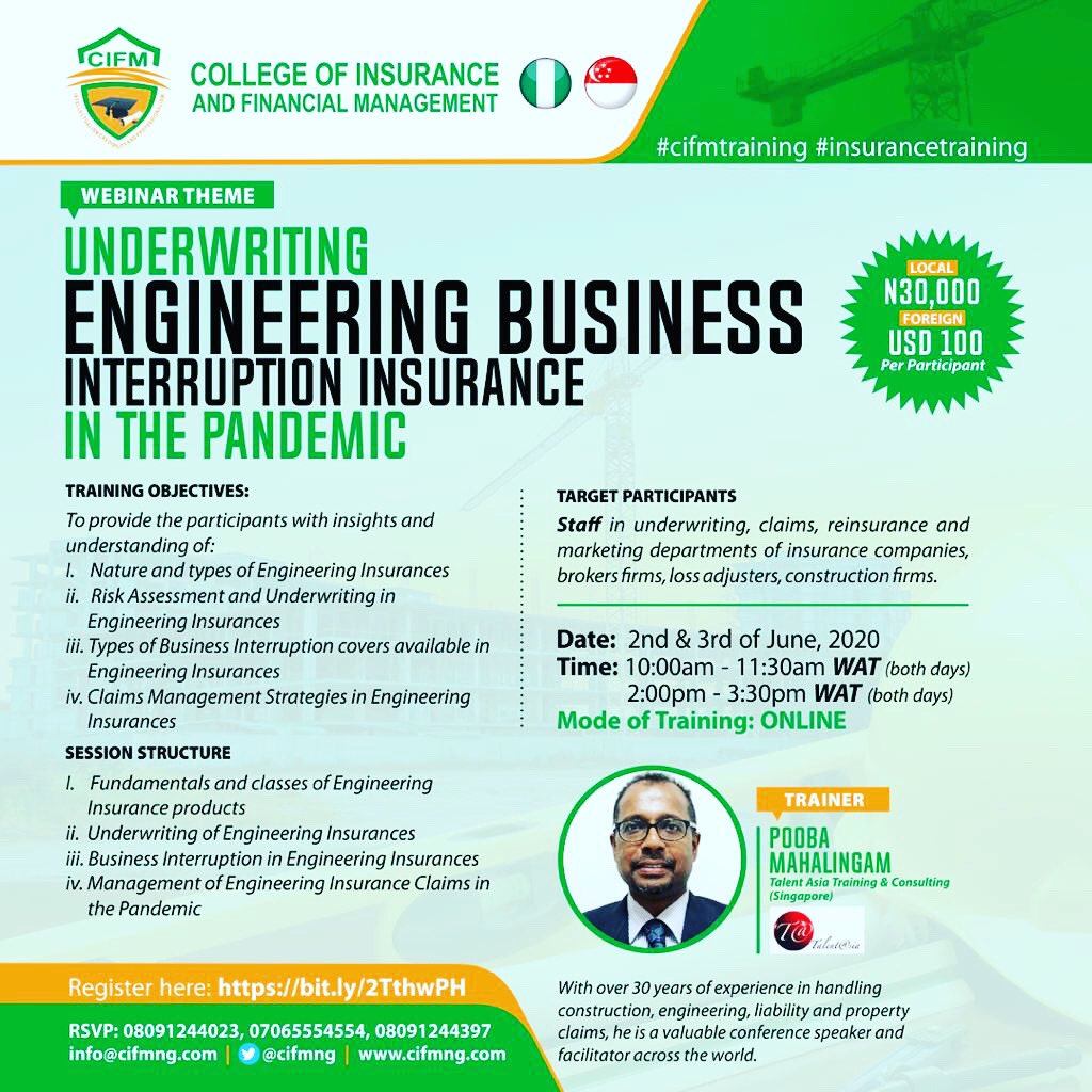 Hi there, 

You are invited to a Zoom Training

*Underwriting Engineering Business Interruption Insurance in the Pandemic*

Date: Jun 2, 2020 10:00 PM
West Central Africa 

Fees: N30,000 / $100

Register in advance for this training.
zoom.us/meeting/regist…