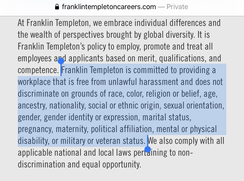 On Franklin Templeton’s career page the company says it “is committed to providing a workplace that is free from unlawful harassment and does not discriminate on grounds of race, color, [or] ...ethnic origin...”Amy Cooper is a VP at this company.:  https://www.franklintempletoncareers.com/careers/working-at-fti