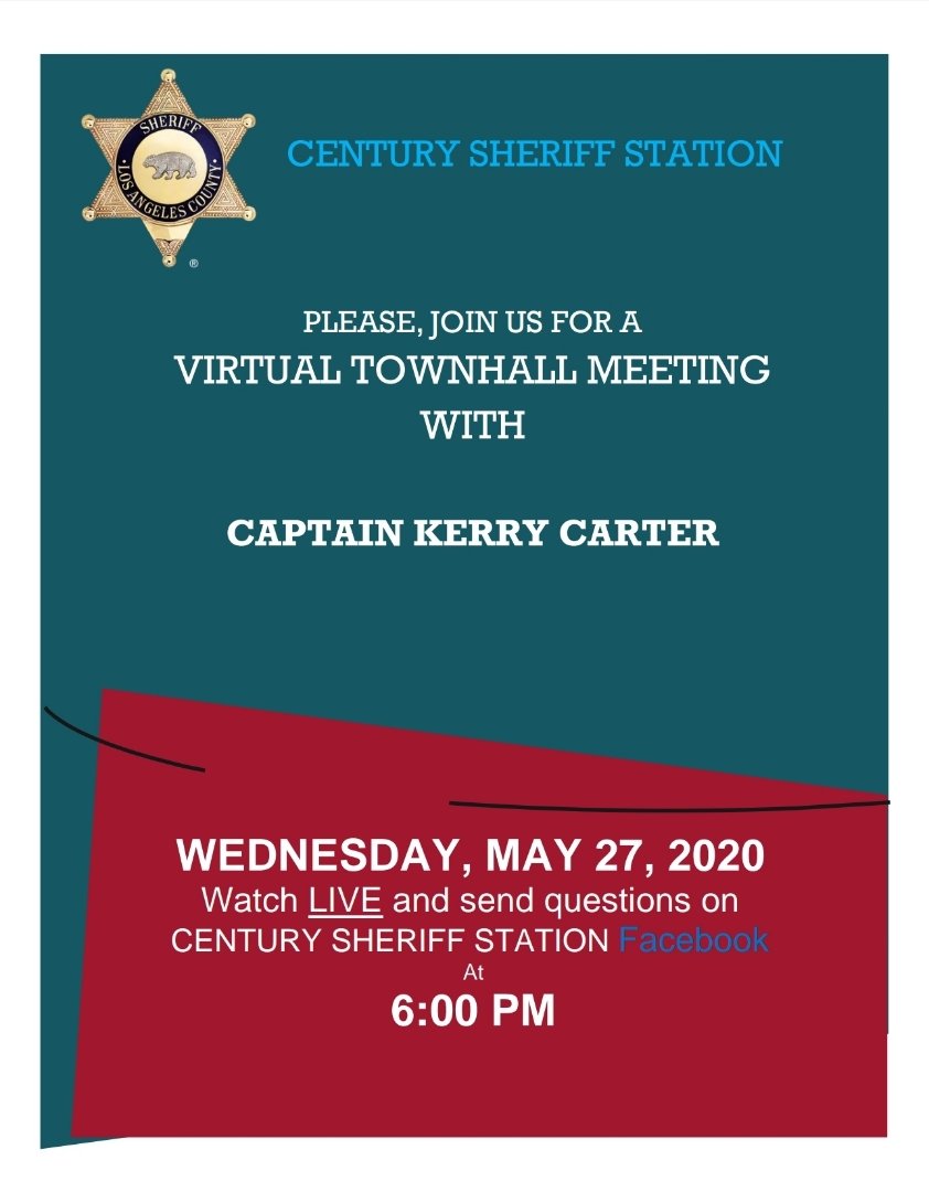 TWO more days until our virtual town hall on Facebook LIVE! Get your questions and concerns ready because I'll be answering them! See you on Wednesday at 6pm. <a href="/CENLASD/">LASD Century Station</a>