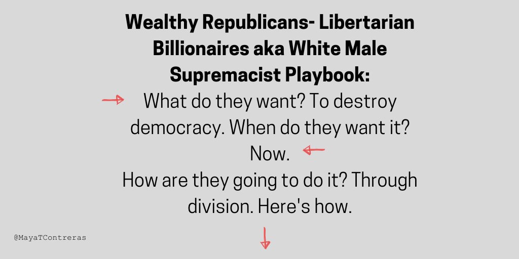 1/OK, so I said I would do a thread on this and here it is. This is a wider thread, with charts (because I love visuals) and supporting articles about what I am calling "Wealthy Republicans-Libertarian Billionaires: aka White Male Supremacist Playbook." ("WMS" for short).  https://twitter.com/vanitaguptaCR/status/1264623635488288788