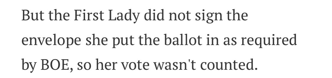 A coda on how mail ballots work:First Lady Melania Trump’s mail ballot in the 2017 NYC mayoral election wasn’t counted because she didn’t sign the envelope as required by law. In short, lots of security for mail ballots.  https://www.nydailynews.com/news/politics/melania-ivanka-jared-mayoral-election-votes-didn-count-article-1.3692124 8/