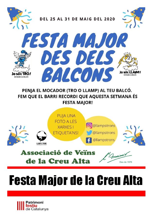AVLaCreuAlta's tweet photo. Aquesta setmana penja el teu mocador, samarreta o qualsevol altre cartell per recordar que ARA seria la #FestaMajorDeLaCreuAlta
#FMLCA20 #FMLCA @llampsitrons @ElTallaret https://t.co/bGWOy43yqd