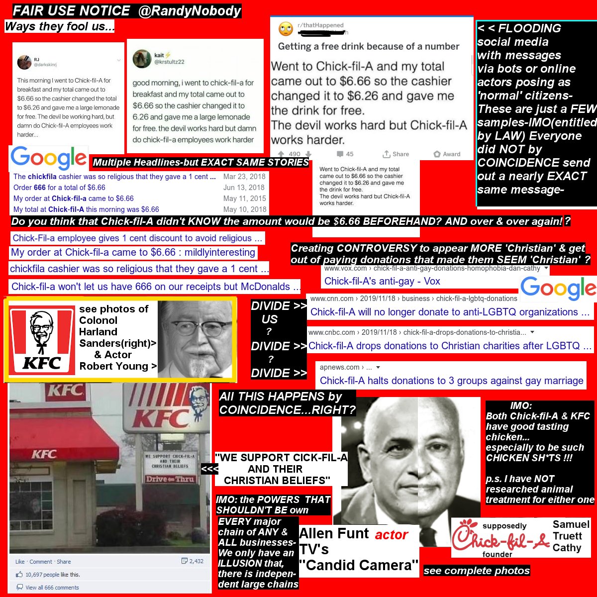 RandyNobody's tweet photo. NO #PHOTO=#CENSORED by #Twitter 

#ActorCON
#AllenFunt #TruettCathy #ColonelSanders #RobertYoung
#ChickFilA #CandidCamera #food #friedchicken #dining #FAKE #Christians #KFC #FastFood #scams #cons #sixSIXsix #LiamNeeson #FidelCastro #wth #wtf #wow
#Scam #Marketing https://t.co/r4Ibxckr1a