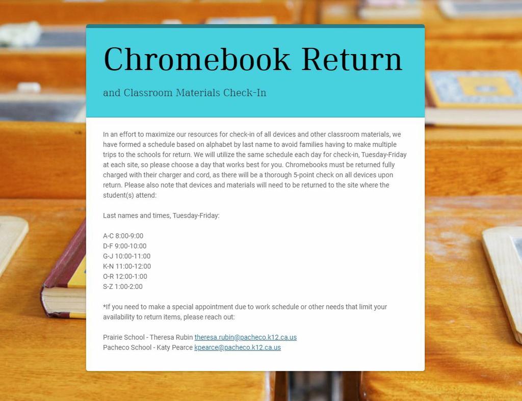 Reminder: it's time to return your Chromebooks and pick-up packets this week.
smore.com/7t2hu