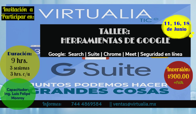 virtualiamx's tweet photo. Grupo Virtualia hace la más cordial invitación a todas las empresas a participar en el taller de capacitación en herramientas de Google. 
"Sacrificar la innovación para bajar costo, es como parar el reloj para ganar tiempo" #Innovacion #Empresa #taller #Tecnologia #Capacitación https://t.co/hx9C9FN5wB