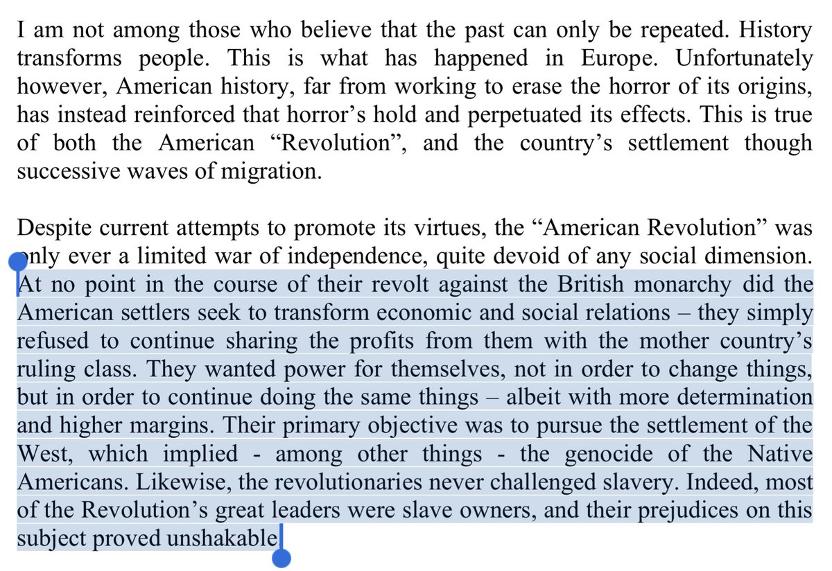 “at no point in the course of their revolt against the british monarchy did the american settlers seek to transform economic and social relations – they simply refused to continue sharing the profits from them with the mother country’s ruling class.”