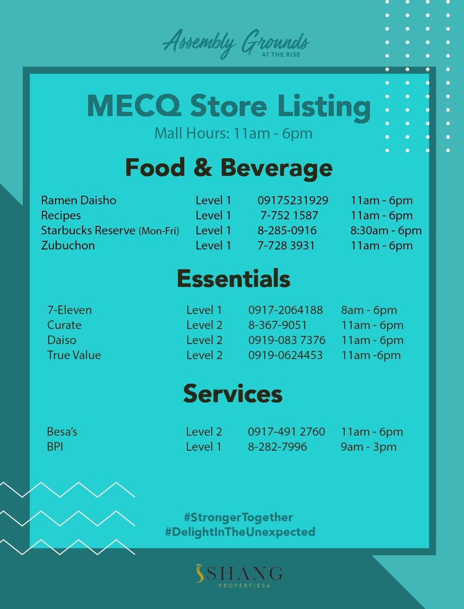 AssemblyGrounds's tweet photo. Here’s a list of stores and restaurants that are open at Assembly Grounds for your needs this May 26, 2020. Pick them up at the store or have them delivered to your doorstep. Keep safe, everyone!

#StrongerTogether #DelightInTheUnexpected https://t.co/MMTznqo75F