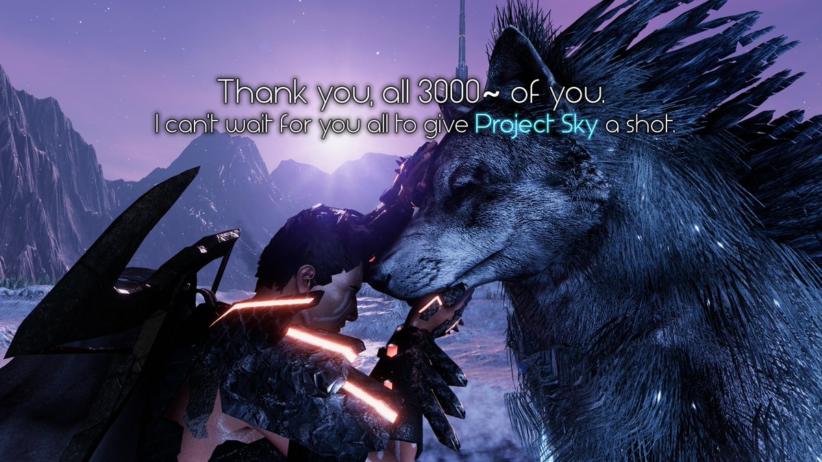 ProjectSky_Game's tweet image. Well damn. We flew right past 3000 followers, and the demo release date announcement now has over 1000 likes. You guys are awesome. 
Thank you. 

Also, this image may or may not show one of the additional pet animations that&apos;ll be in the demo... 🐺 #ProjectSky