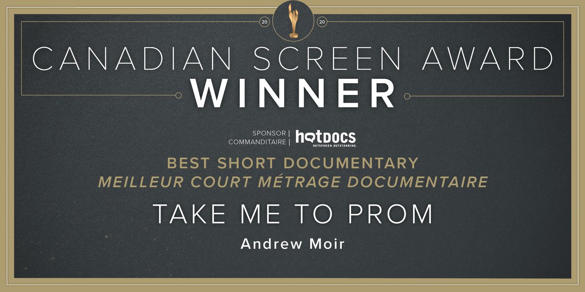 TheCdnAcademy's tweet photo. Congratulations to #AndrewMoir, winner of Best Short Documentary for #TakeMeToProm. Congratulations! @hotdocs #CdnScreenAwards. https://t.co/GXfVfWByOS