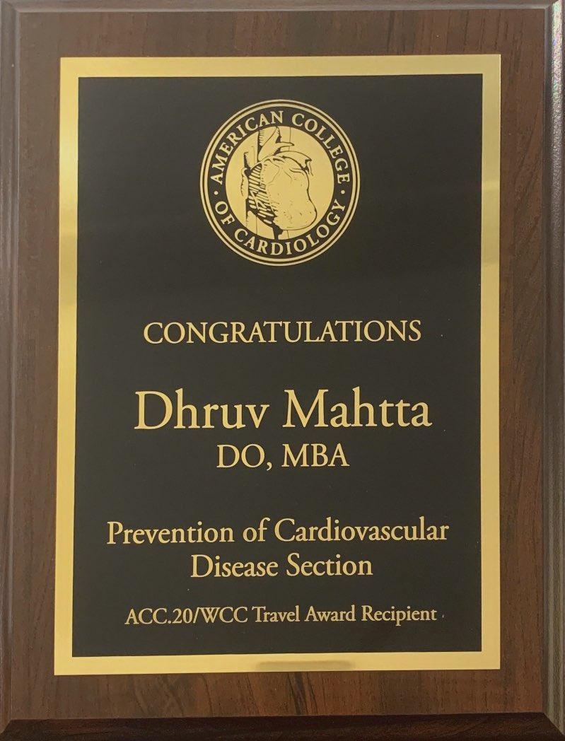 Congratulations @dmahtta for receiving the award for one of the top3 abstracts among FITs for the #Accprev Section for his work showing statin use and adherence in women with PAD and cerebrovassuxoar disease and CV outcomes. @BCMHeart @virani_md @CBallantyneMD @BCMDeptMedicine