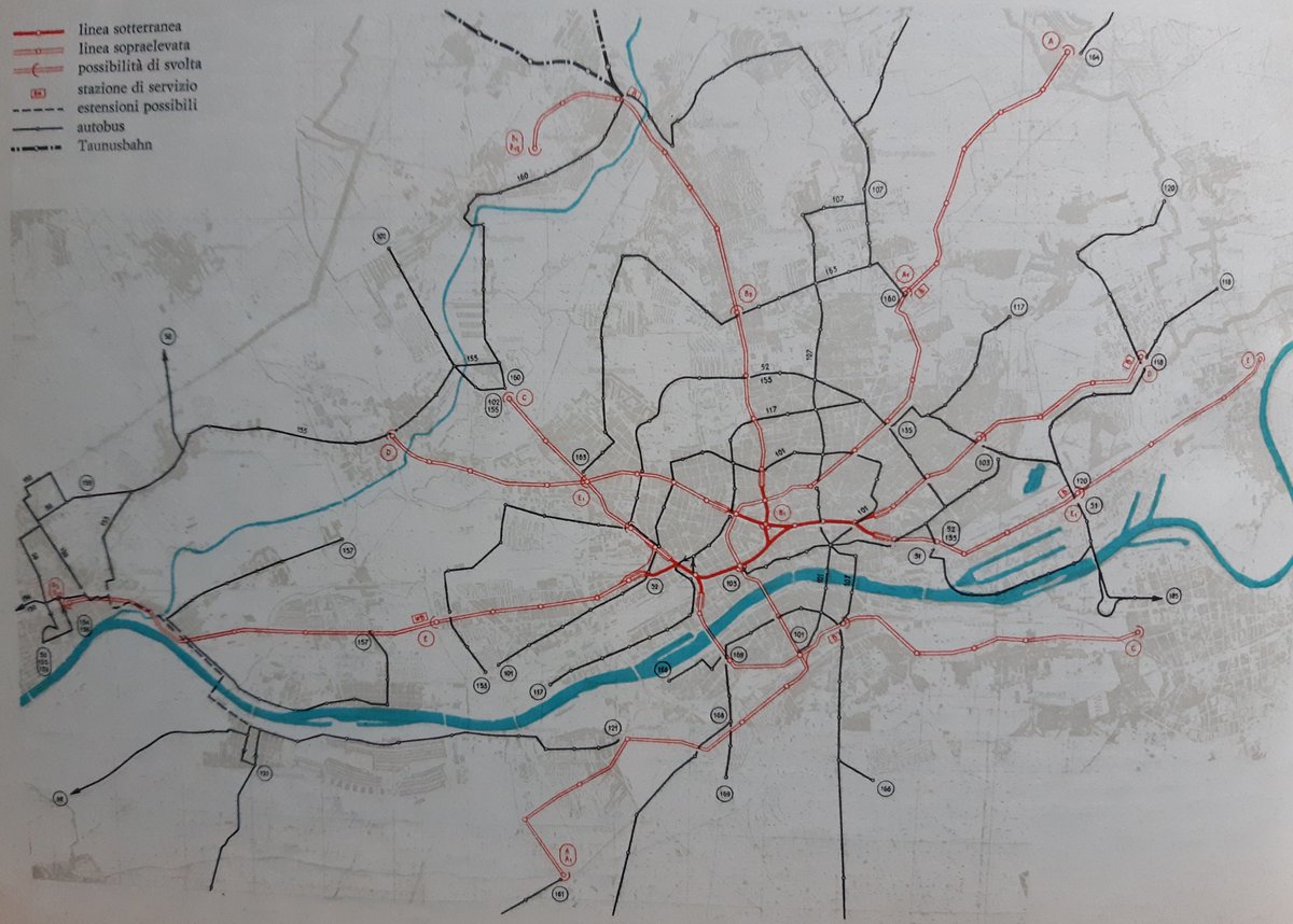 3/ The “Alweg” monorail option: a 67.5 km network composed of 9 mainly elevated lines with short u/g stretches in the city center (full red); a complementary bus network (black lines)