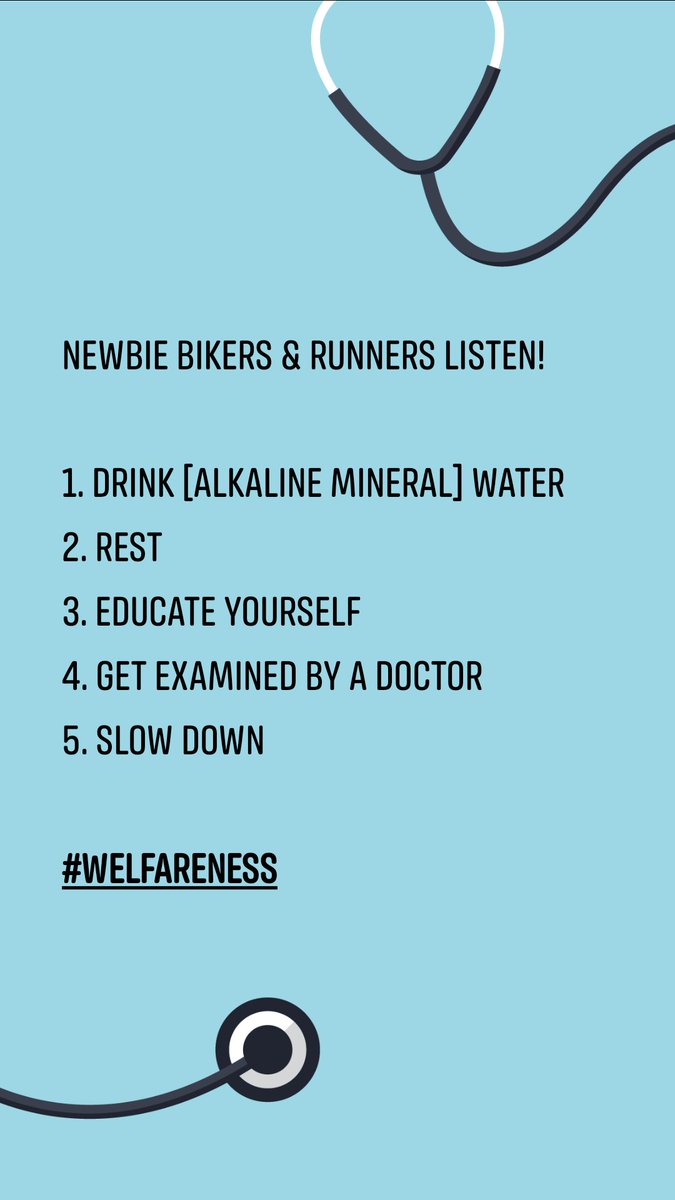 welfareness's tweet photo. Newbie bikers &amp; runners listen!

1. Drink [alkaline mineral] water
2. Rest
3. Educate yourself
4. Get examined by a doctor
5. Slow down

#welfareness #cycling #running #Philippines #BackToWork #COVID19 #COVID19PH https://t.co/wyjn3jEbis