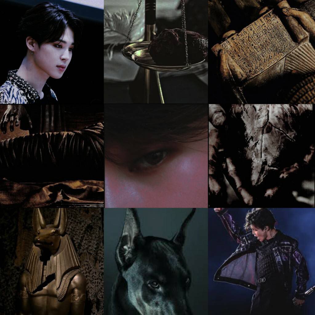 park jimin. the anubisㅡegyptian god of the death, afterlife, and embalming. he spends most of his time living in the land of the dead. his role was to usher souls into the afterlife, weighing the heart against feather of truth and to determine wether the soul would be allowed