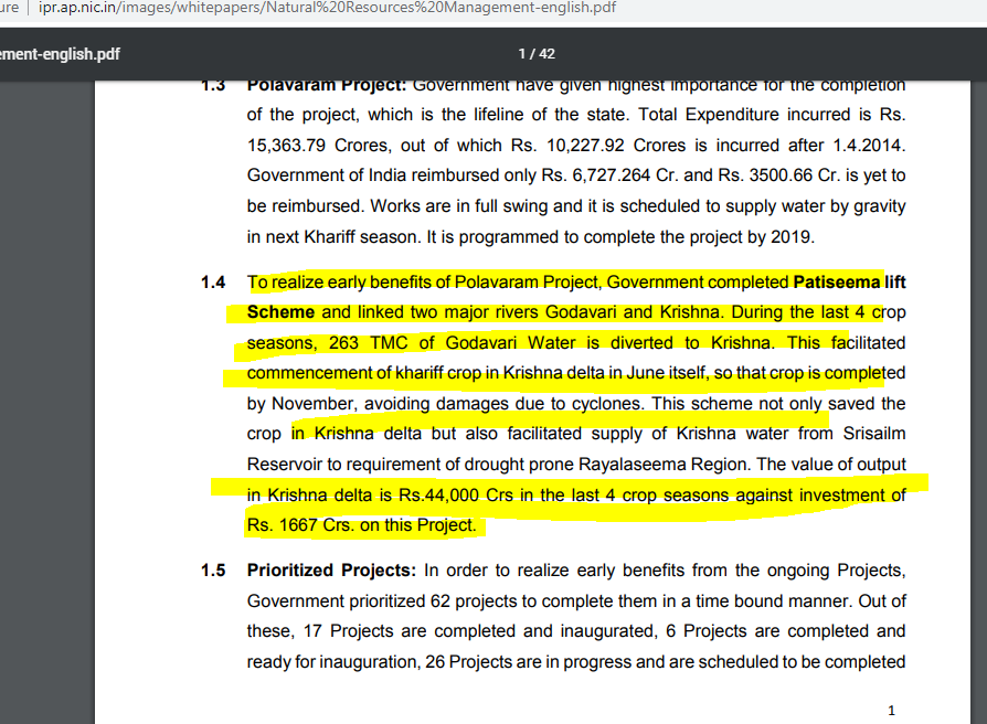 2016TDP/CBNPattiseema Lift Projectపట్టిసీమ ప్రాజెక్టు Results-పట్టిసీమ ఫలాలుWater=263 TMCInvestment=1667 croresCrop Value=Return=44,000 crores4 seasonsLimca RecordsFastest=1 year100 TMC=fastest pumping,1 season,2017 http://ipr.ap.nic.in/images/whitepapers/Natural%20Resources%20Management-english.pdf http://ipr.ap.nic.in/images/whitepapers/Natural%20Resources%20Management-telugu.pdf