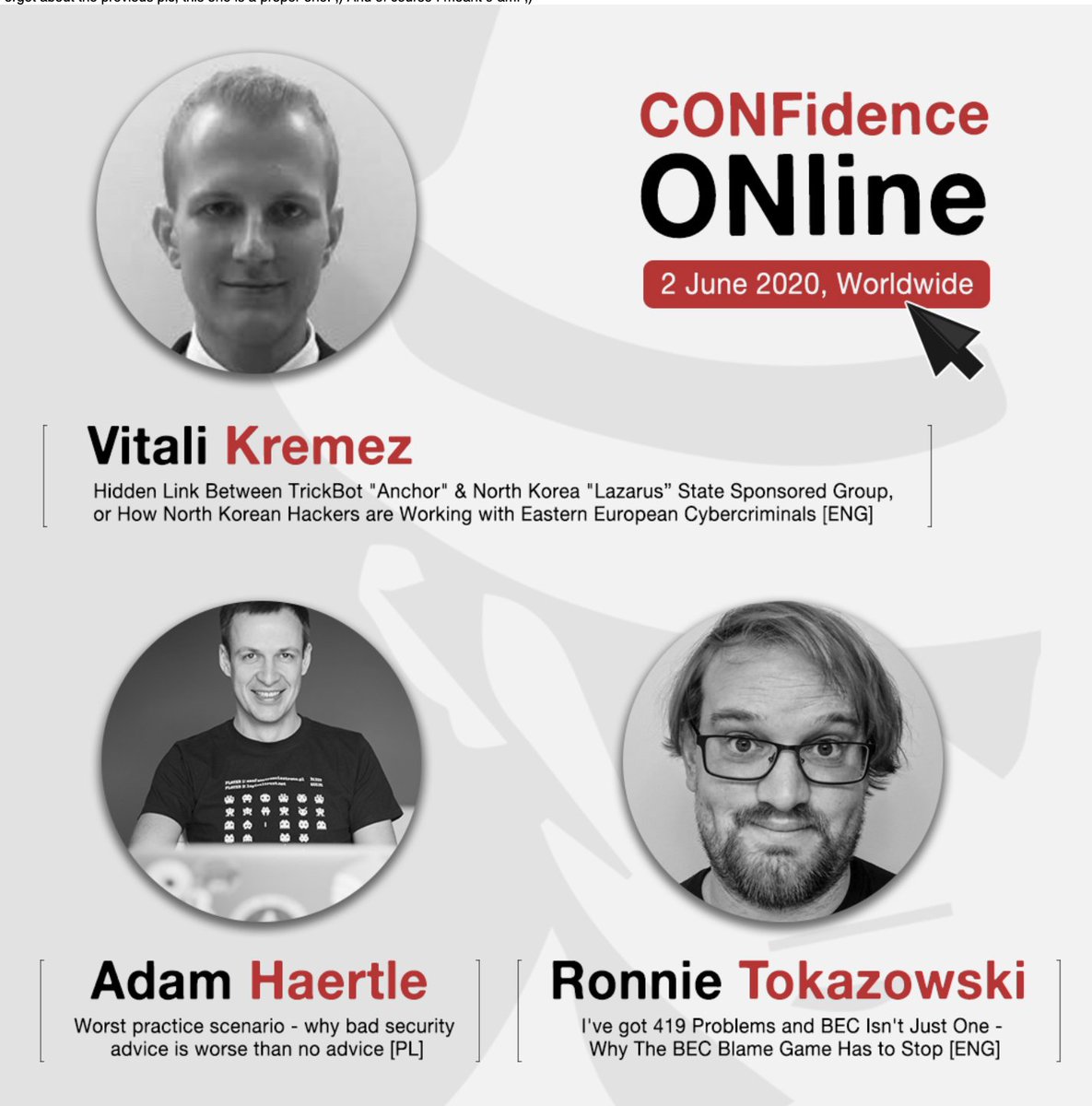 2020-05-26:🎇I am beyond thrilled to 🗣️present on top-tier current #cybercrime group🇷🇺#TrickBot &amp; state-sponsored for-profit #APT operations nexus🇰🇵#Lazarus @  personal favorite European conference 🇵🇱<a href="/CONFidenceConf/">confidenceconf</a> now online format "CONFidenceONline2020"
confidence-conference.org/confi_online.h…